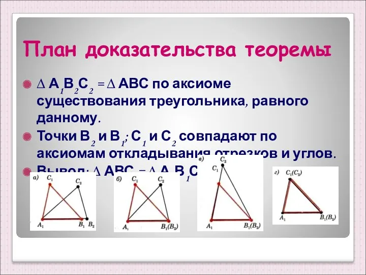 План доказательства теоремы ∆ А1В2С2 = ∆ АВС по аксиоме