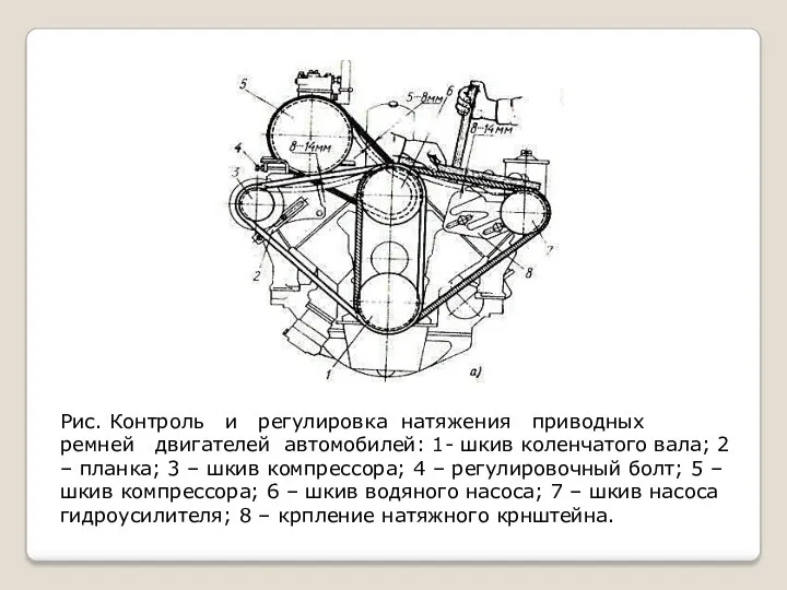 Рис. Контроль и регулировка натяжения приводных ремней двигателей автомобилей: 1-