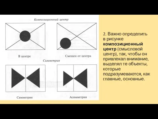 2. Важно определить в рисунке композиционный центр (смысловой центр), так,