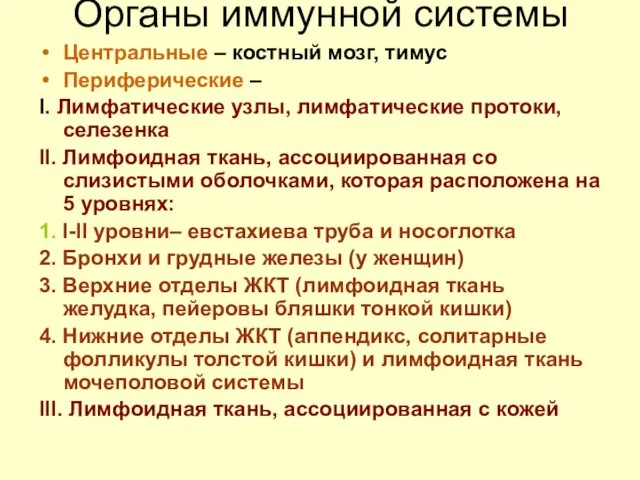 Органы иммунной системы Центральные – костный мозг, тимус Периферические –