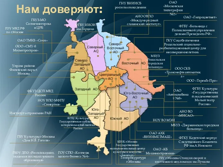 Нам доверяют: ГБУЗ-МО Солнечногорская ЦРБ Управа района Филевский парк г.Москвы НОУ ВО МЭИ