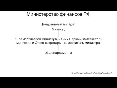 Министерство финансов РФ Центральный аппарат: Министр 10 заместителей министра, из