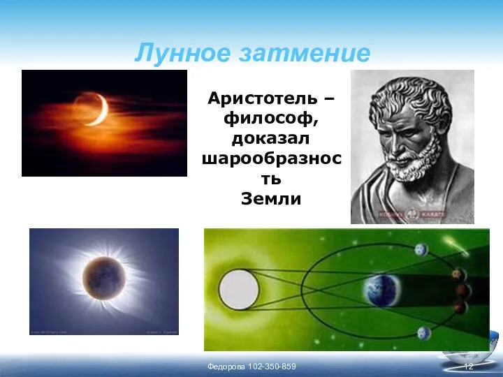 Лунное затмение Аристотель – философ, доказал шарообразность Земли Федорова 102-350-859