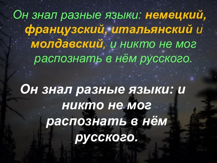 Он знал разные языки: немецкий, французский, итальянский и молдавский, и