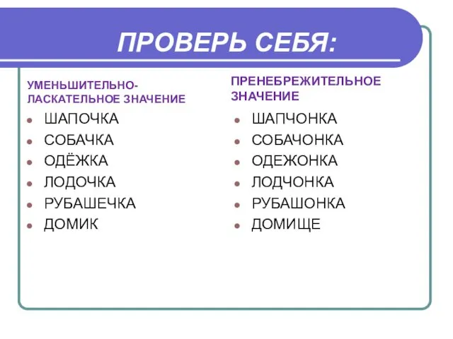 ПРОВЕРЬ СЕБЯ: УМЕНЬШИТЕЛЬНО- ЛАСКАТЕЛЬНОЕ ЗНАЧЕНИЕ ШАПОЧКА СОБАЧКА ОДЁЖКА ЛОДОЧКА РУБАШЕЧКА