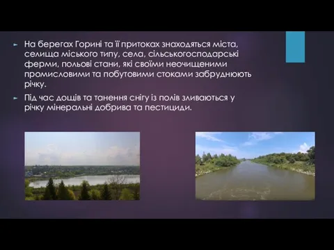 На берегах Горині та її притоках знаходяться міста, селища міського