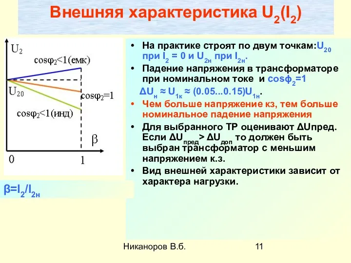 Никаноров В.б. Внешняя характеристика U2(I2) На практике строят по двум