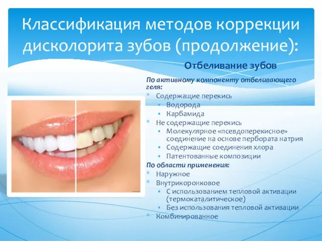 Классификация методов коррекции дисколорита зубов (продолжение): Отбеливание зубов По активному