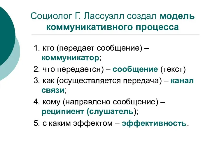 1. кто (передает сообщение) – коммуникатор; 2. что передается) –