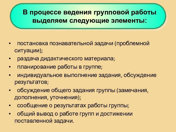 постановка познавательной задачи (проблемной ситуации); раздача дидактического материала; планирование работы