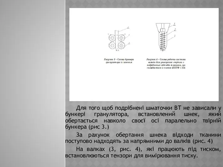 Для того щоб подрібнені шматочки ВТ не зависали у бункері гранулятора, встановлений шнек,