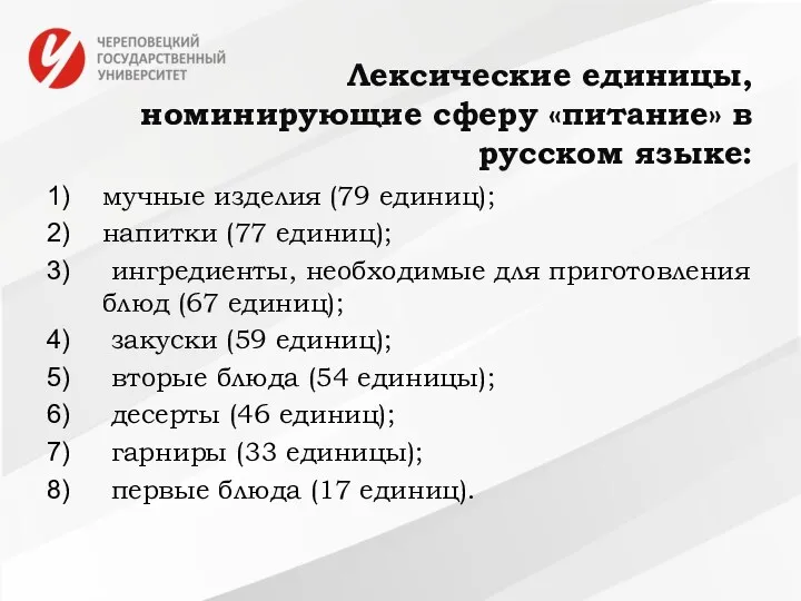 Лексические единицы, номинирующие сферу «питание» в русском языке: мучные изделия