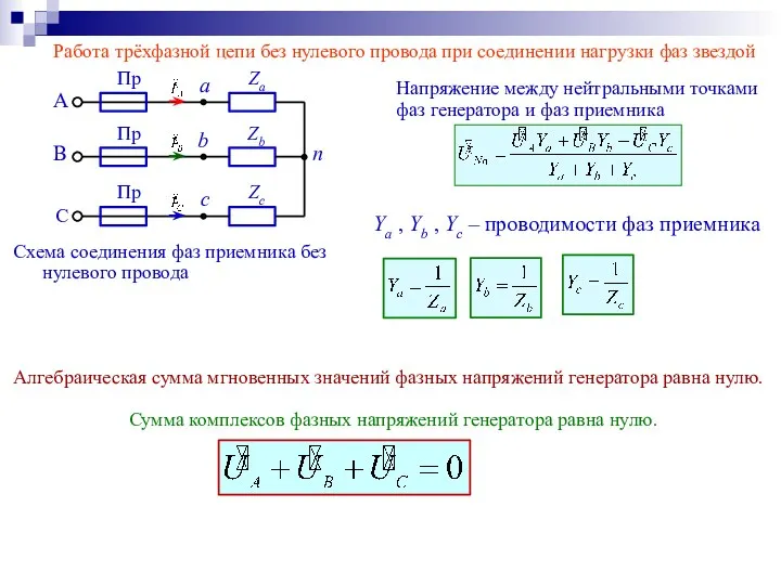 Работа трёхфазной цепи без нулевого провода при соединении нагрузки фаз