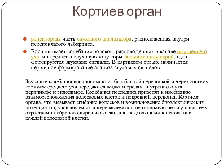 Кортиев орган рецепторная часть слухового анализатора, расположенная внутри перепончатого лабиринта.