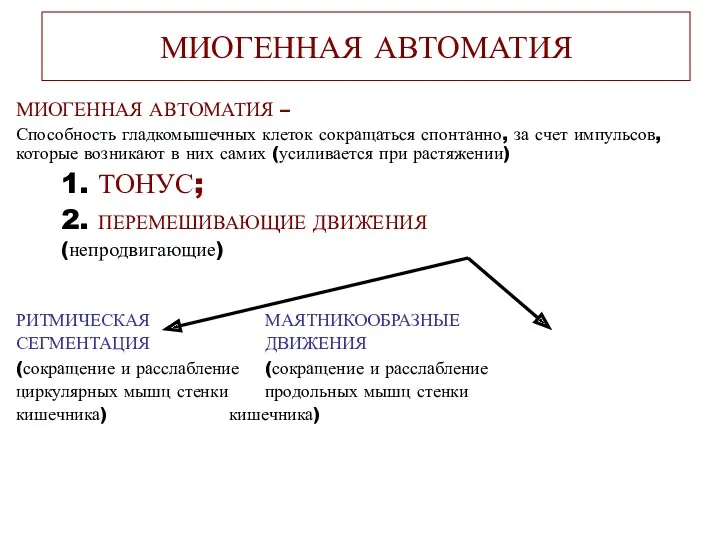 МИОГЕННАЯ АВТОМАТИЯ МИОГЕННАЯ АВТОМАТИЯ – Способность гладкомышечных клеток сокращаться спонтанно, за счет импульсов,