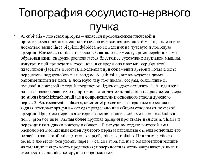 Топография сосудисто-нервного пучка A. cubitalis – локтевая артерия – является продолжением плечевой и