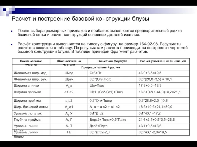 После выбора размерных признаков и прибавок выполняется предварительный расчет базисной