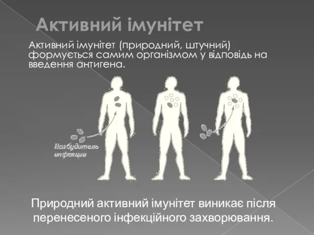 Активний імунітет (природний, штучний) формується самим організмом у відповідь на