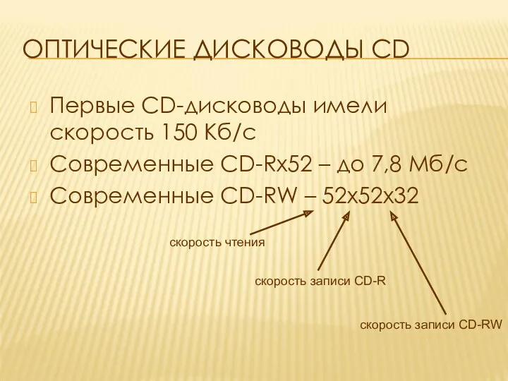 ОПТИЧЕСКИЕ ДИСКОВОДЫ CD Первые CD-дисководы имели скорость 150 Кб/с Современные