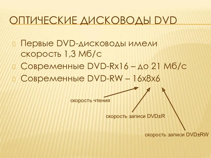 ОПТИЧЕСКИЕ ДИСКОВОДЫ DVD Первые DVD-дисководы имели скорость 1,3 Мб/с Современные