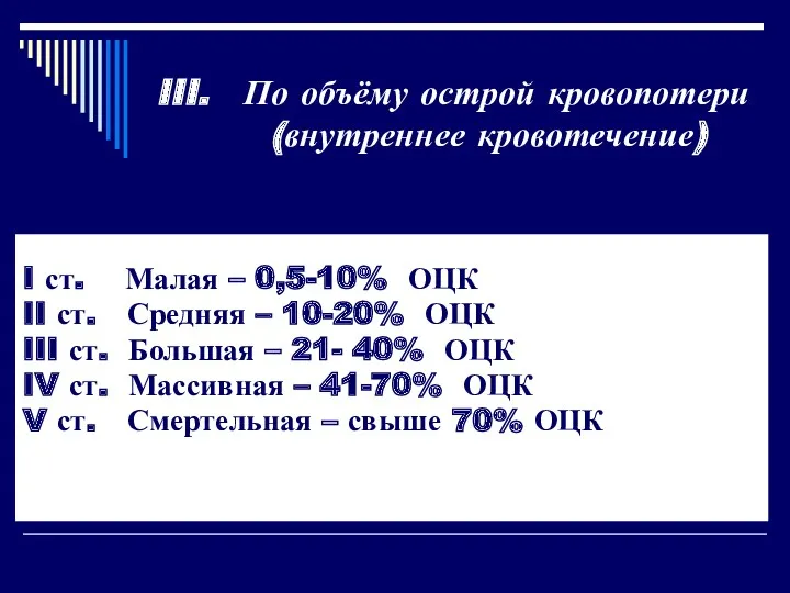 I ст. Малая – 0,5-10% ОЦК II ст. Средняя –