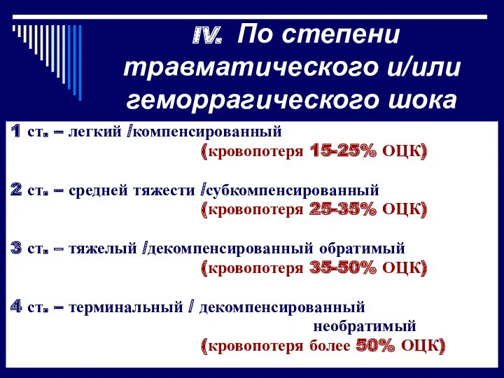 1 ст. – легкий /компенсированный (кровопотеря 15-25% ОЦК) 2 ст.