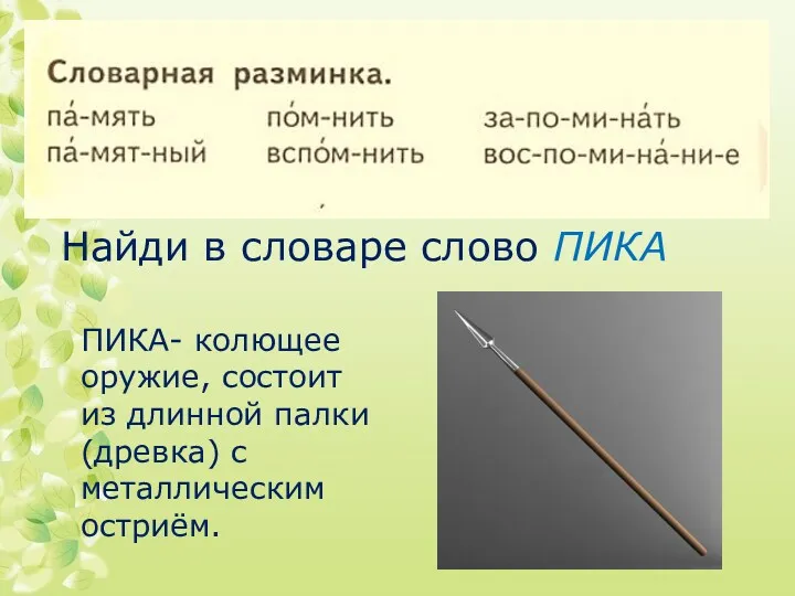 Найди в словаре слово ПИКА ПИКА- колющее оружие, состоит из длинной палки(древка) с металлическим остриём.