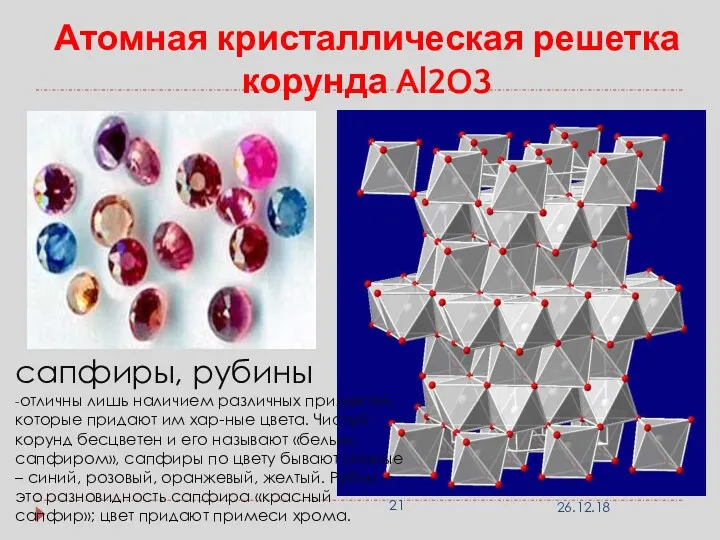 Атомная кристаллическая решетка корунда Al2O3 сапфиры, рубины -отличны лишь наличием