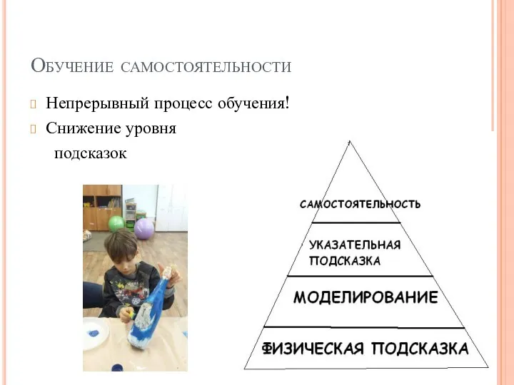 Обучение самостоятельности Непрерывный процесс обучения! Снижение уровня подсказок