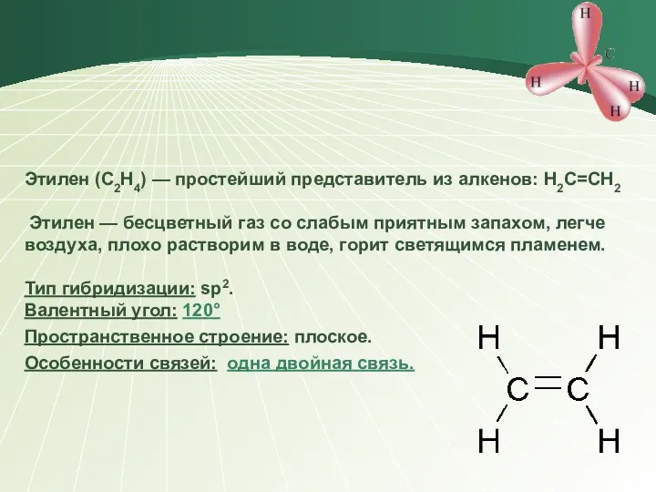 Этилен (С2Н4) — простейший представитель из алкенов: H2C=CH2 Этилен —