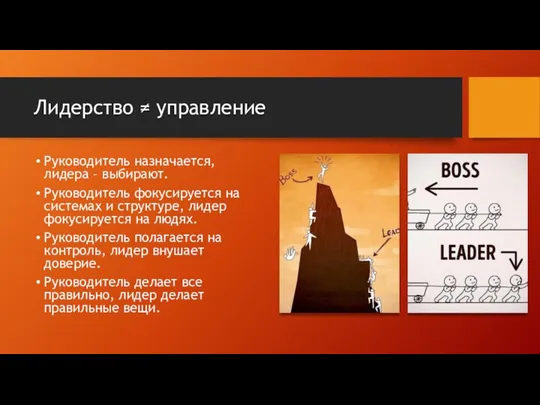 Лидерство ≠ управление Руководитель назначается, лидера – выбирают. Руководитель фокусируется