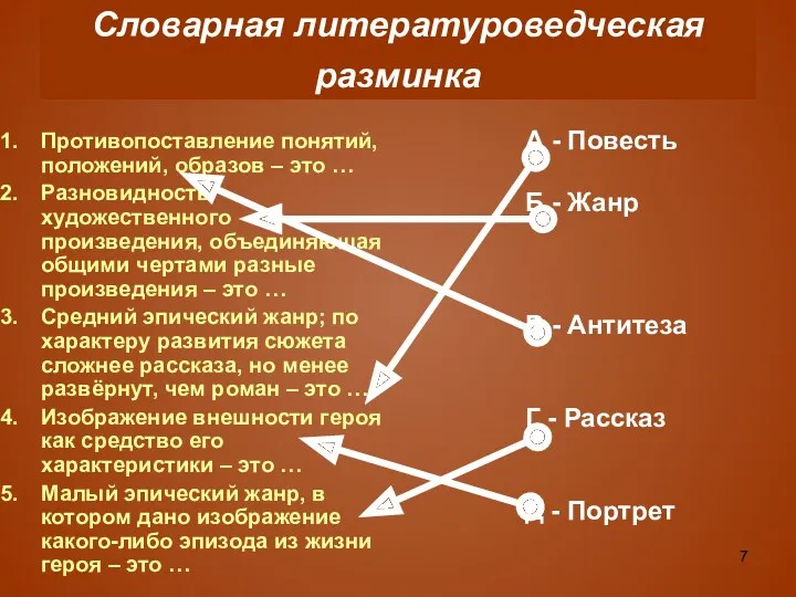 Словарная литературоведческая разминка Противопоставление понятий, положений, образов – это … Разновидность художественного произведения,