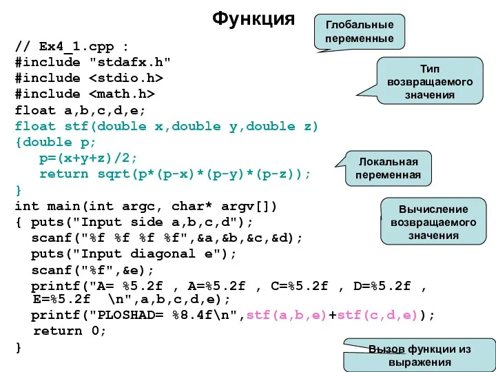 Функция // Ex4_1.cpp : #include "stdafx.h" #include #include float a,b,c,d,e;