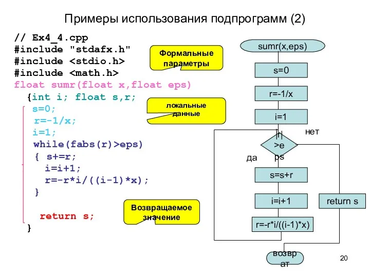 Примеры использования подпрограмм (2) // Ex4_4.cpp #include "stdafx.h" #include #include