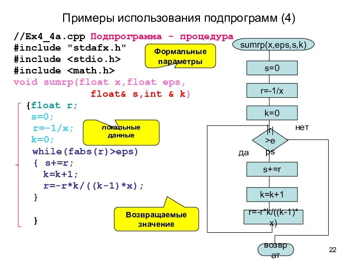 Примеры использования подпрограмм (4) //Ex4_4a.cpp Подпрограмма - процедура #include "stdafx.h"