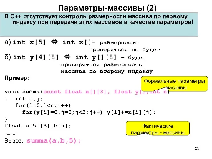 Параметры-массивы (2) В С++ отсутствует контроль размерности массива по первому