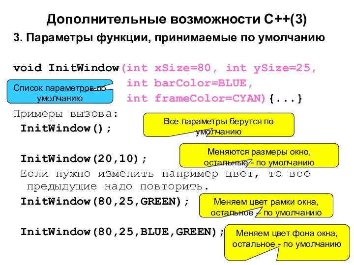 Дополнительные возможности С++(3) 3. Параметры функции, принимаемые по умолчанию void