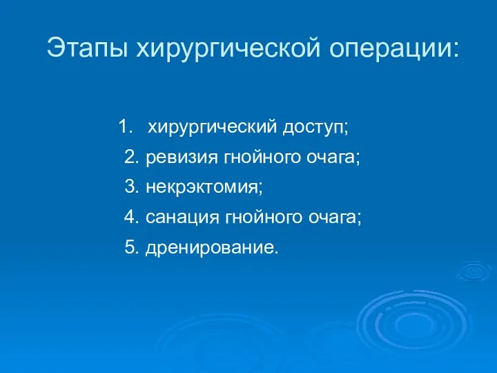 Этапы хирургической операции: хирургический доступ; 2. ревизия гнойного очага; 3.