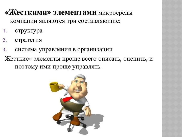 «Жесткими» элементами микросреды компании являются три составляющие: структура стратегия система