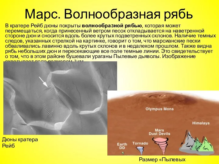 Марс. Волнообразная рябь В кратере Рейб дюны покрыты волнообразной рябью, которая может перемещаться,