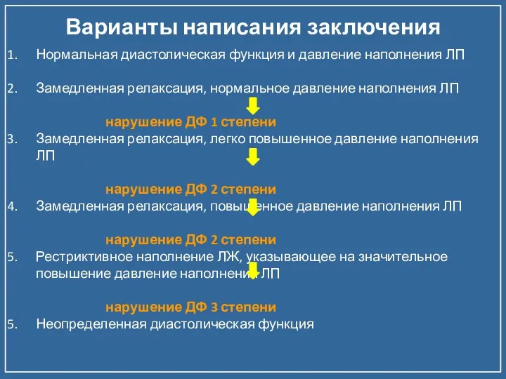 Варианты написания заключения Нормальная диастолическая функция и давление наполнения ЛП