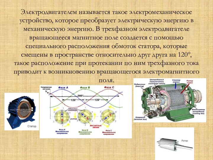 Электродвигателем называется такое электромеханическое устройство, которое преобразует электрическую энергию в