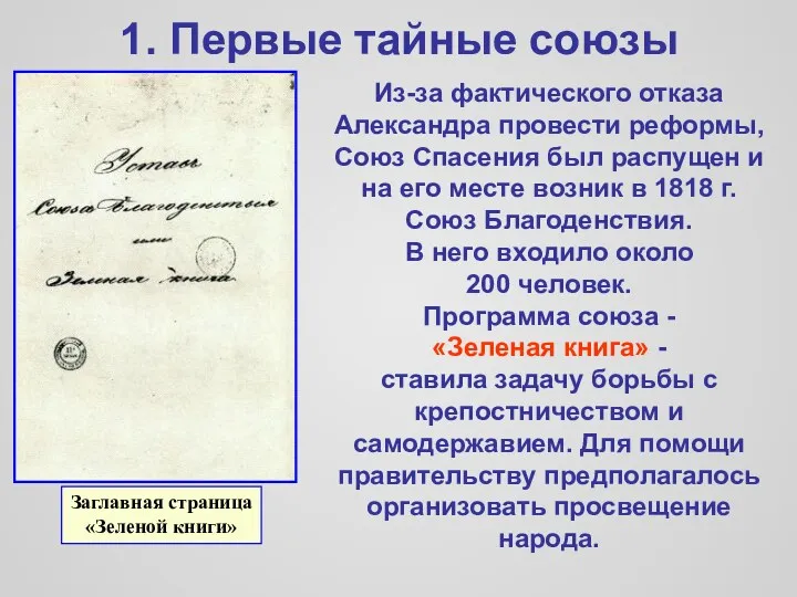 1. Первые тайные союзы Из-за фактического отказа Александра провести реформы,