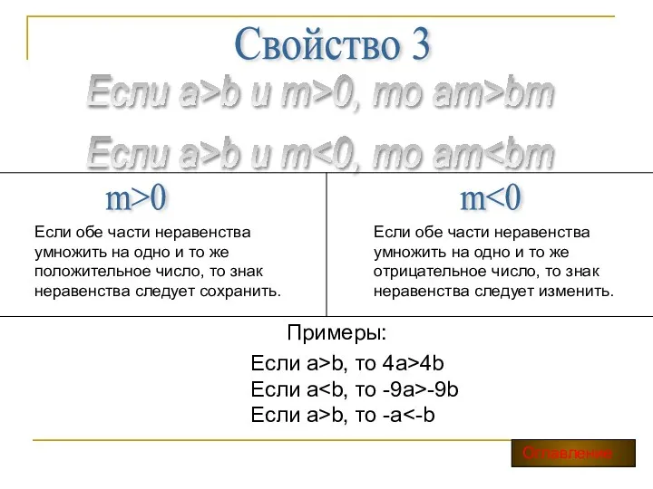 Свойство 3 Если а>b и m>0, то am>bm Если a>b