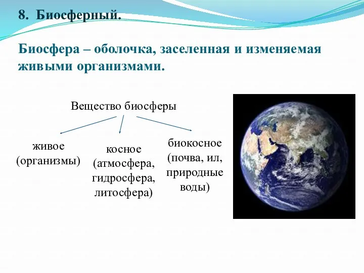 8. Биосферный. Биосфера – оболочка, заселенная и изменяемая живыми организмами.