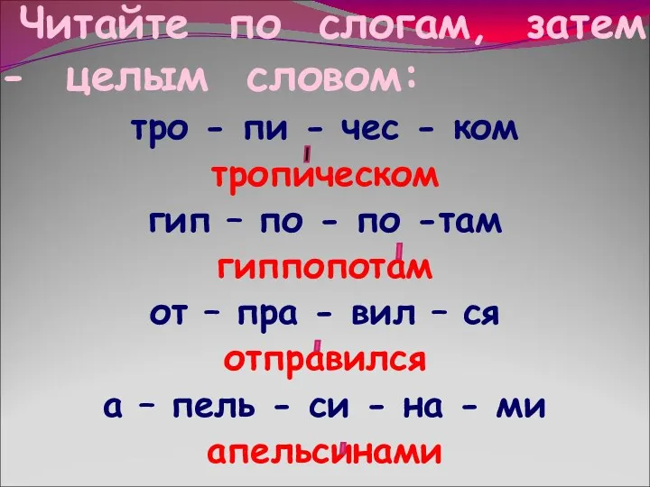 Читайте по слогам, затем - целым словом: тро - пи