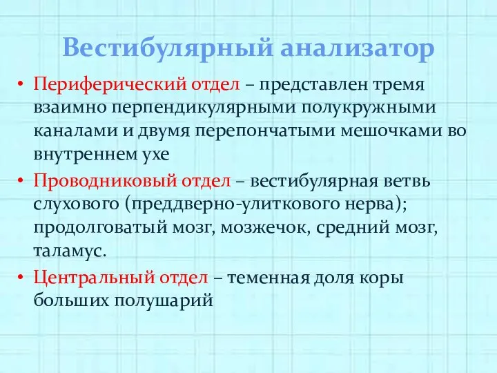 Вестибулярный анализатор Периферический отдел – представлен тремя взаимно перпендикулярными полукружными