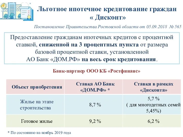 Льготное ипотечное кредитование граждан « Дисконт» Постановление Правительства Ростовской области