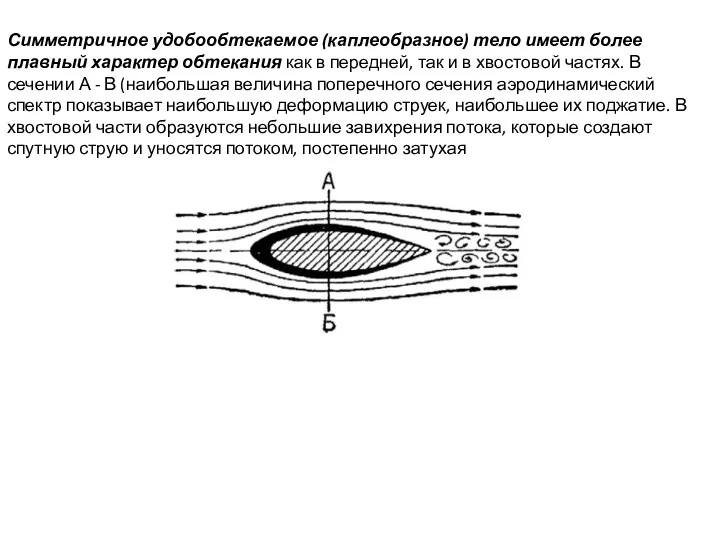 Симметричное удобообтекаемое (каплеобразное) тело имеет более плавный характер обтекания как