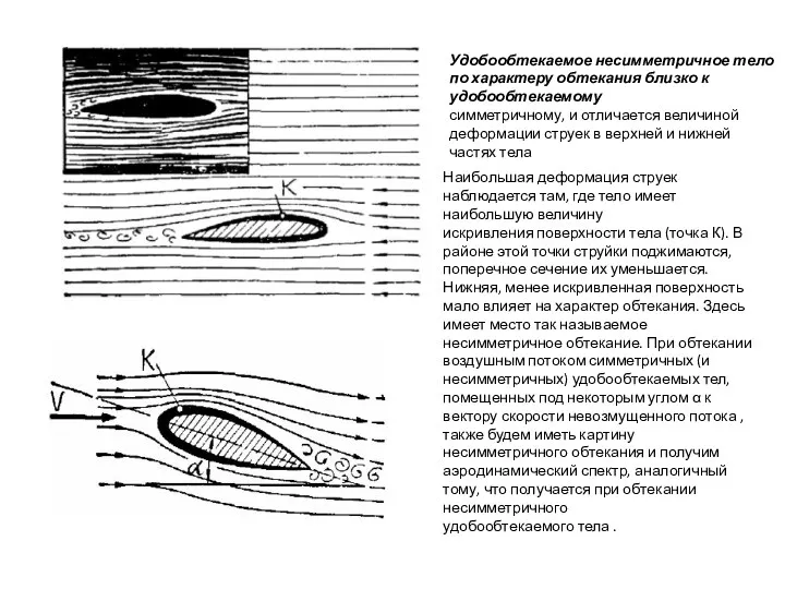 Удобообтекаемое несимметричное тело по характеру обтекания близко к удобообтекаемому симметричному,